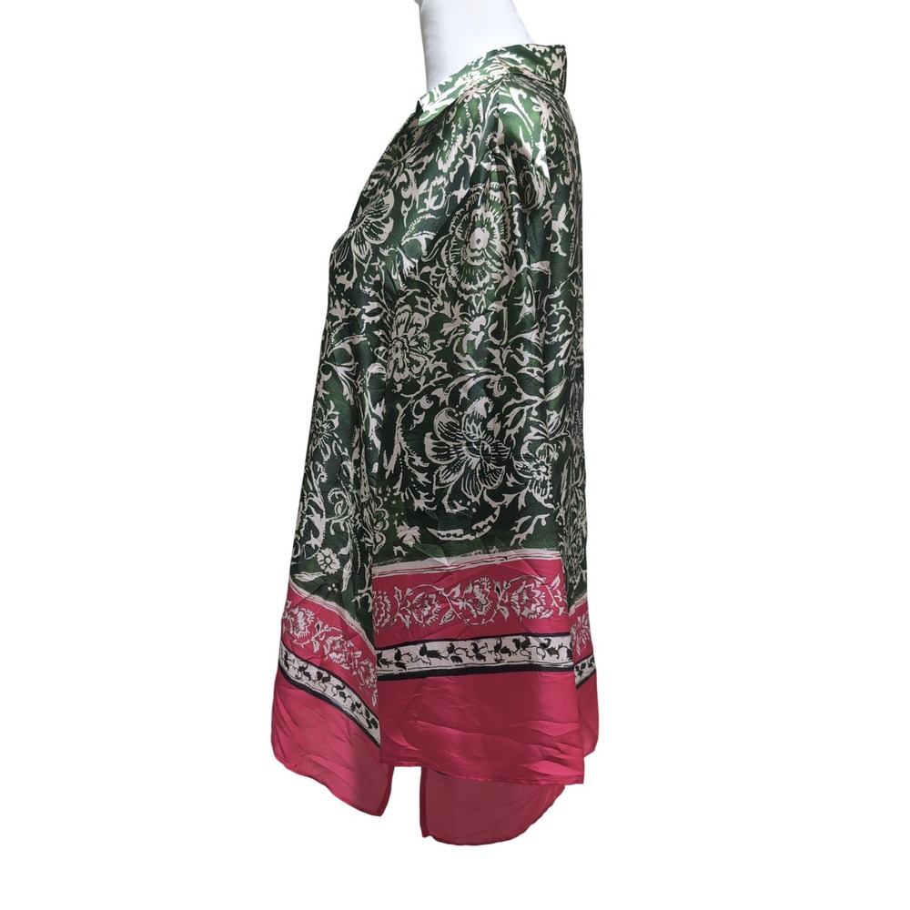 Zara Green Magenta Pink Floral Satin Oversized Button Down Blouse Medium - Picture 4 of 10